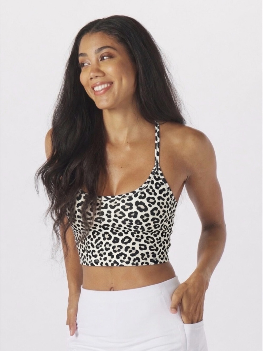 Glyder Pure Bra Snow Leopard Print Cropped Tank Top Sz S Black & White